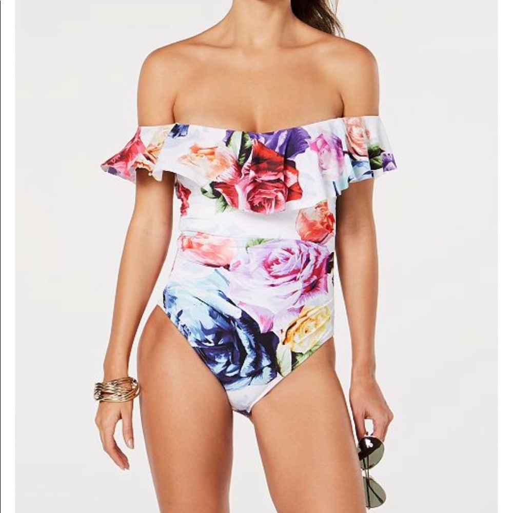 off-the-shoulder ruffled one-piece swimsuit